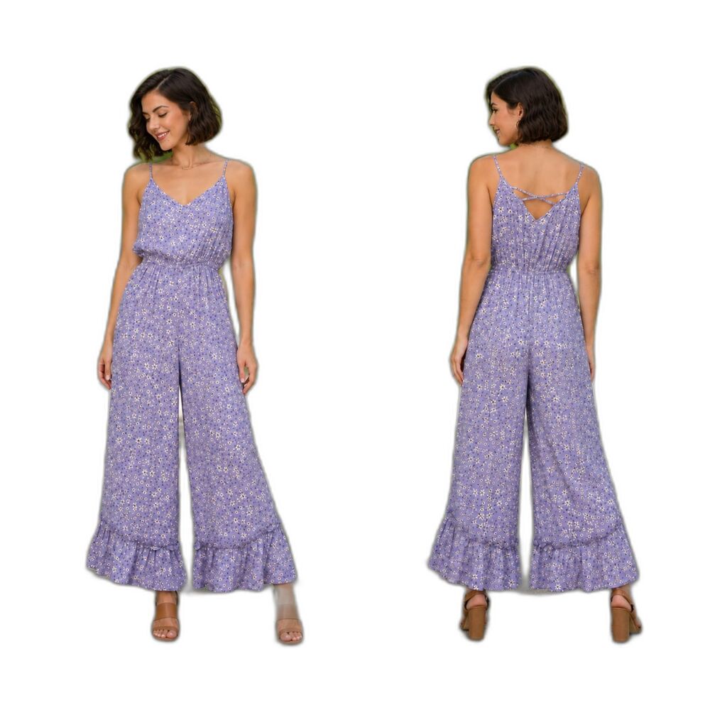 New GIGIO M 8 10 Daisy Print Lavender Wide Leg Ruffle Hem Rayon  Jumpsuit